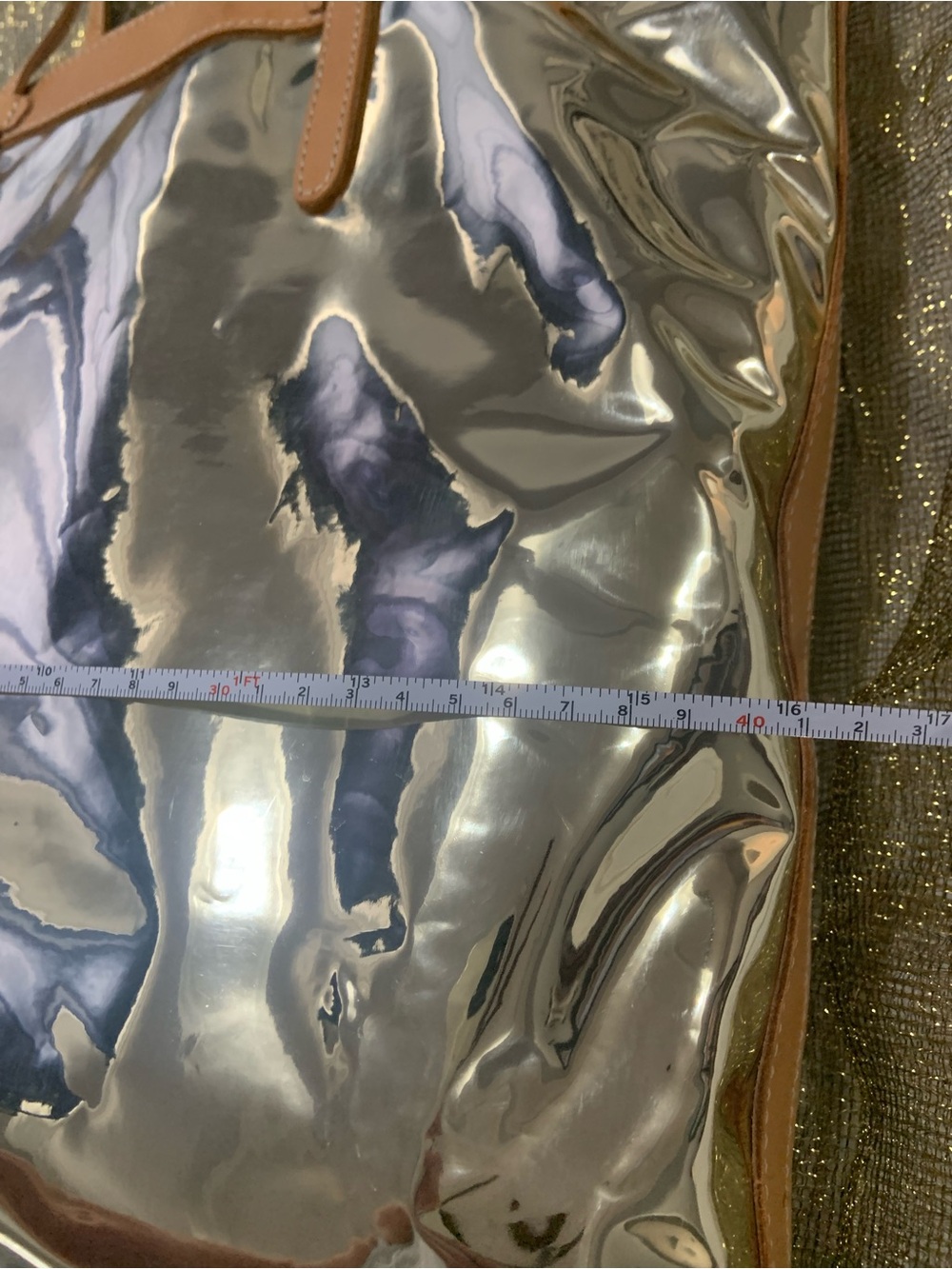 Consuela Shiny Gold Tote with Tan Trim - Picture 7 of 14